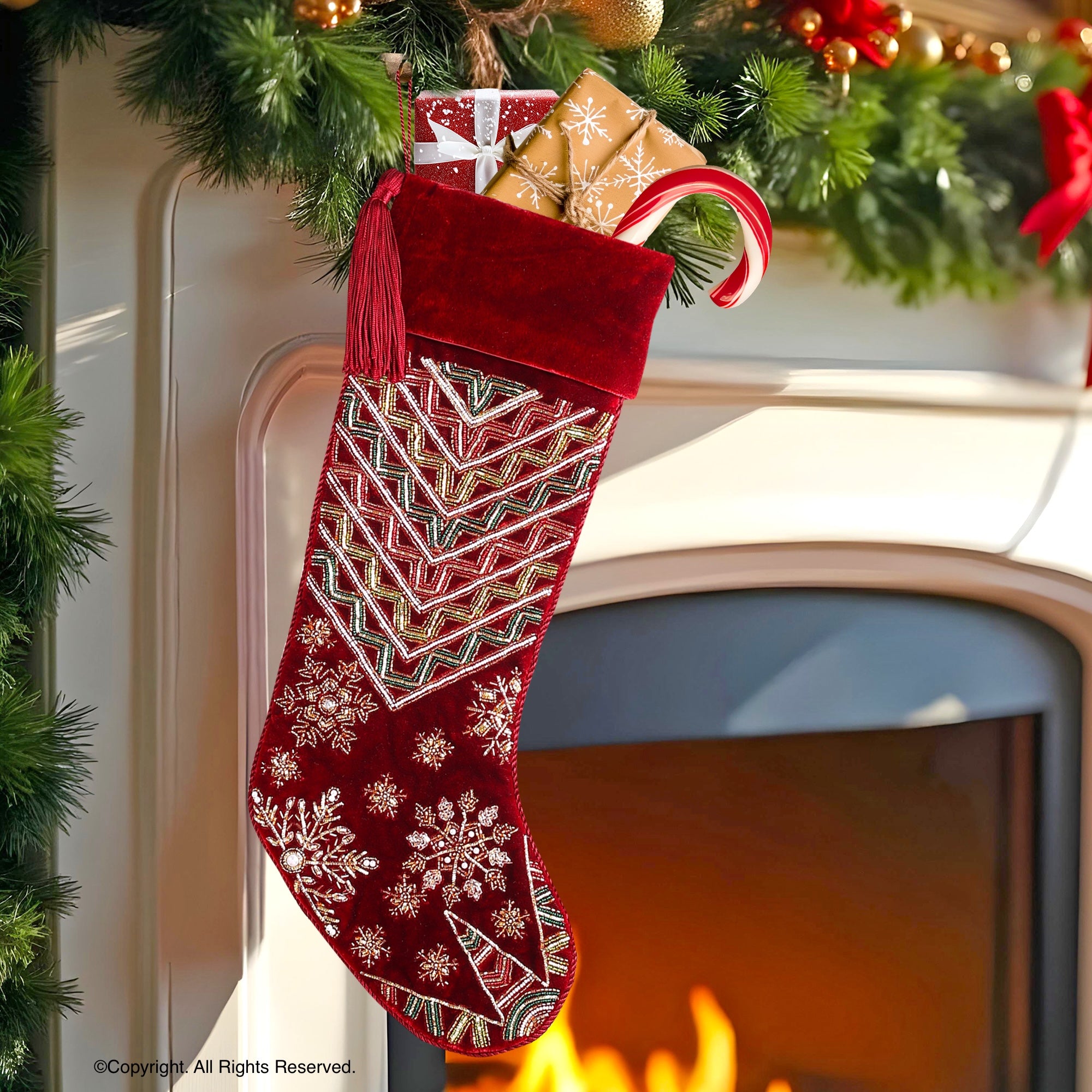 PERSONALISED STARBURST SNOWFLAKE RED VELVET CHRISTMAS STOCKING