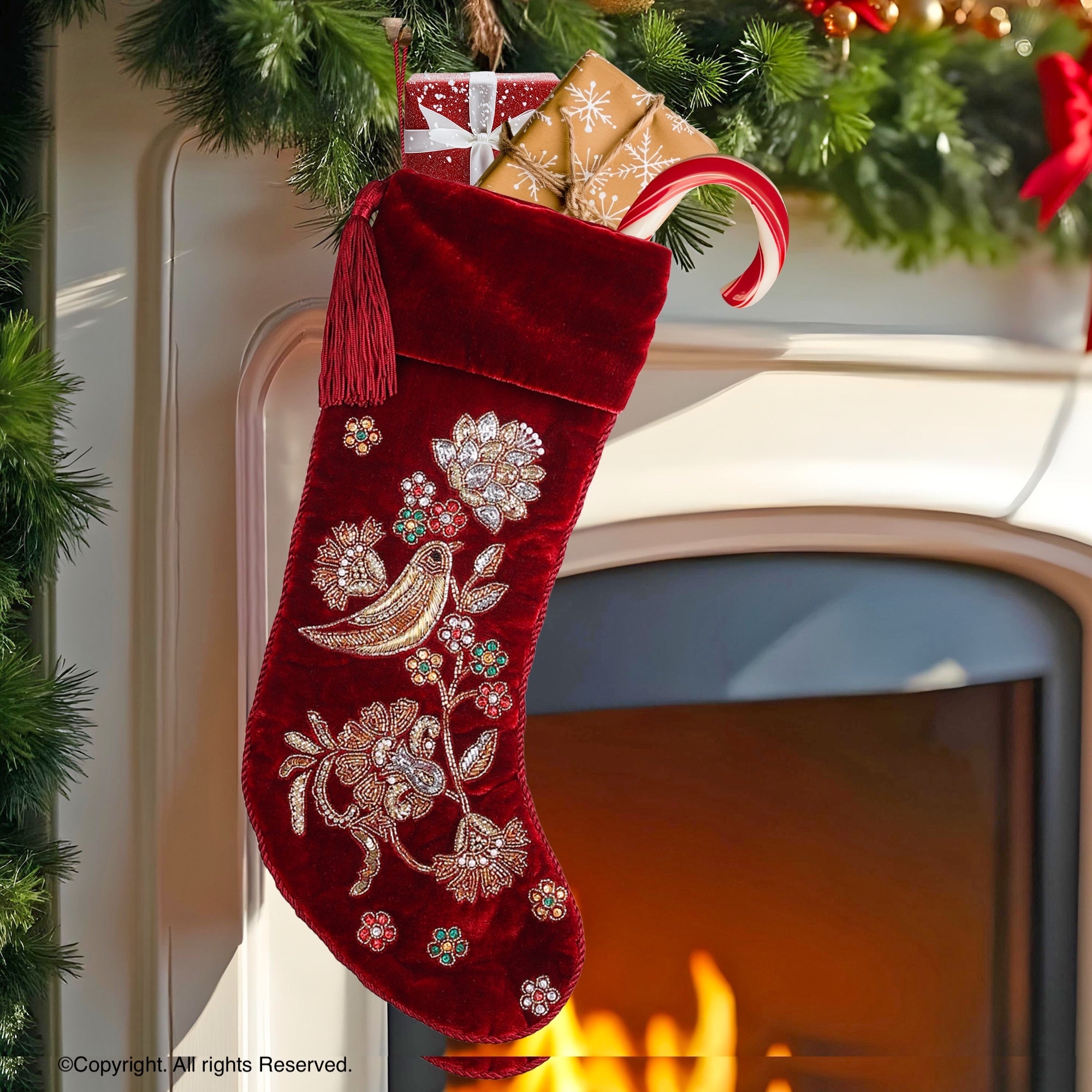 PERSONALISED PARTRIDGE NOEL SONGBIRD RED VELVET CHRISTMAS STOCKING