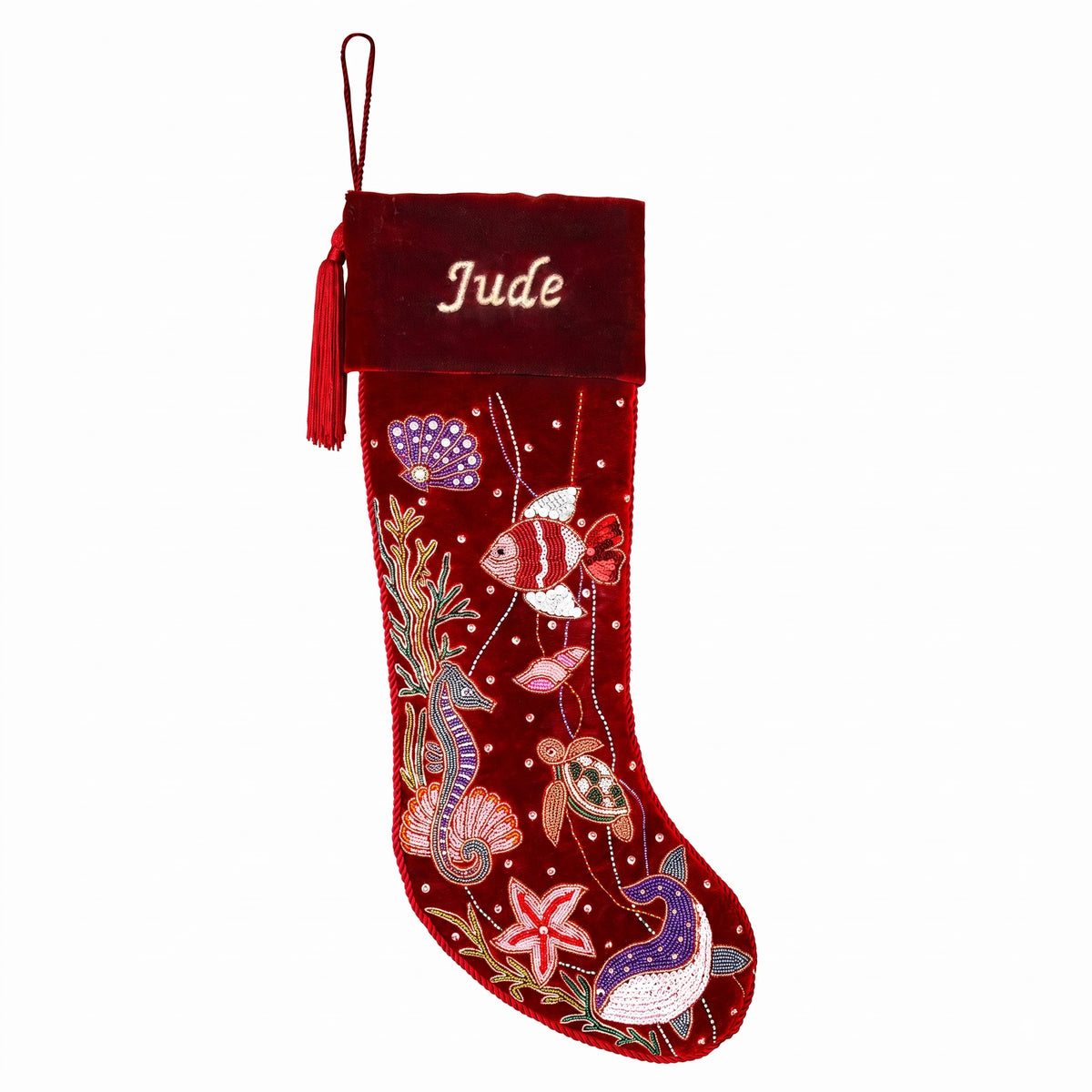 Personalized Beaded Ocean Red Velvet Christmas Stocking