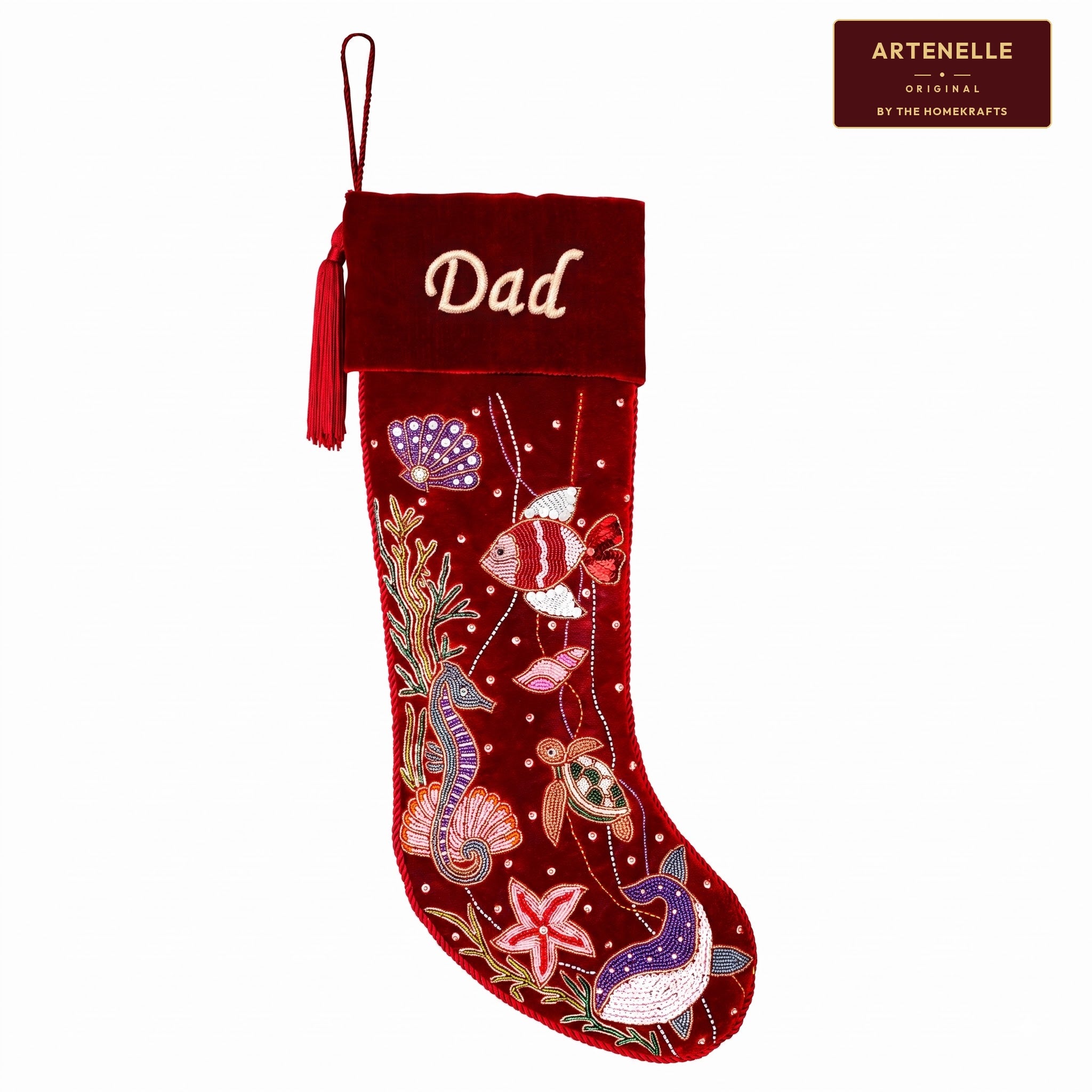 Personalized Beaded Ocean Red Velvet Christmas Stocking
