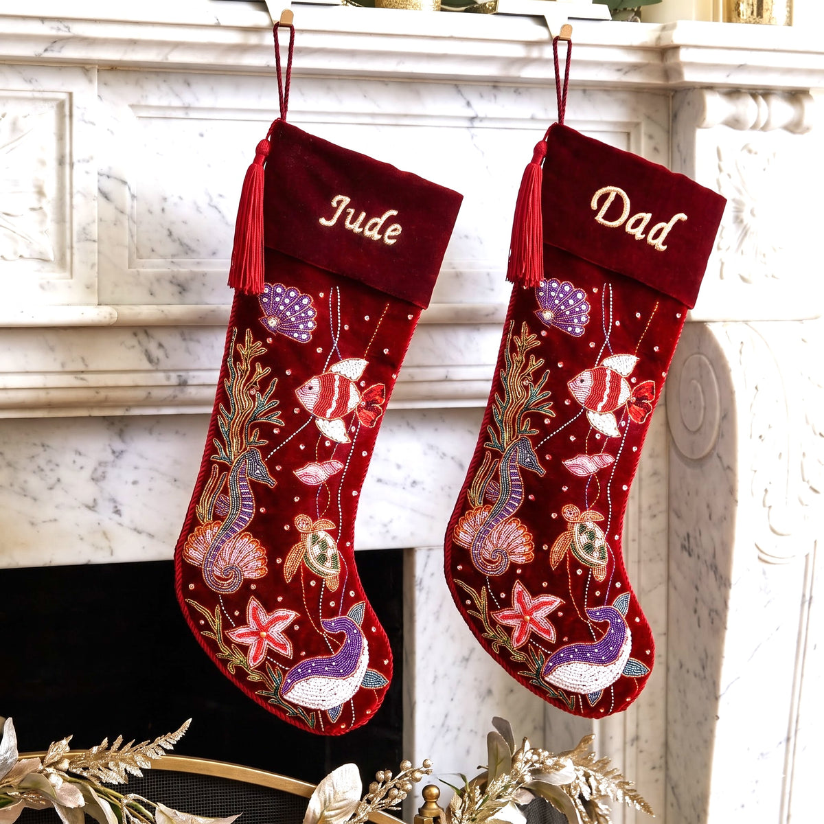 Personalized Beaded Ocean Red Velvet Christmas Stocking