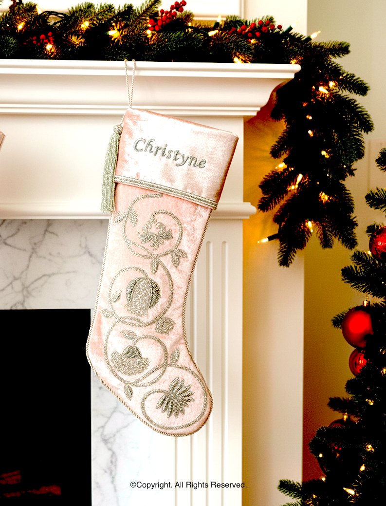 PERSONALISED SILVER GARLAND PINK VELVET CHRISTMAS STOCKING