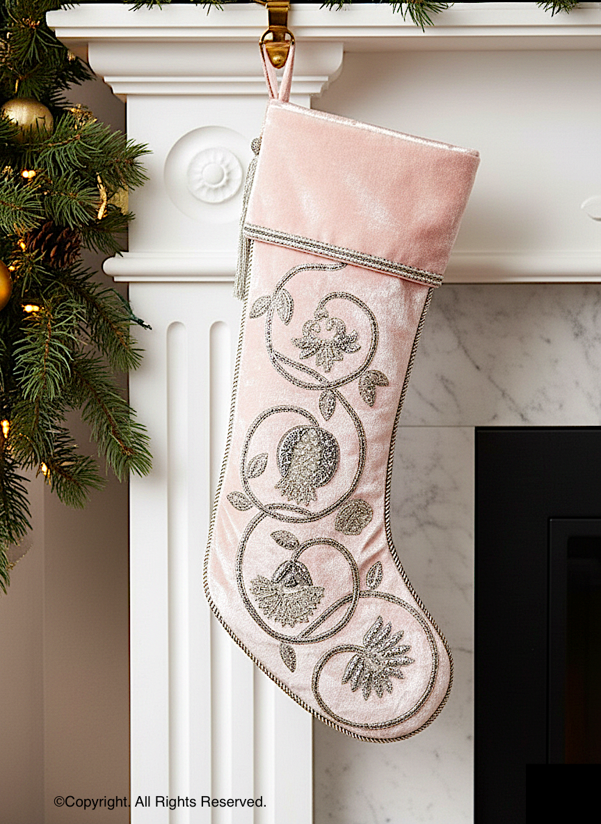PERSONALISED SILVER GARLAND PINK VELVET CHRISTMAS STOCKING