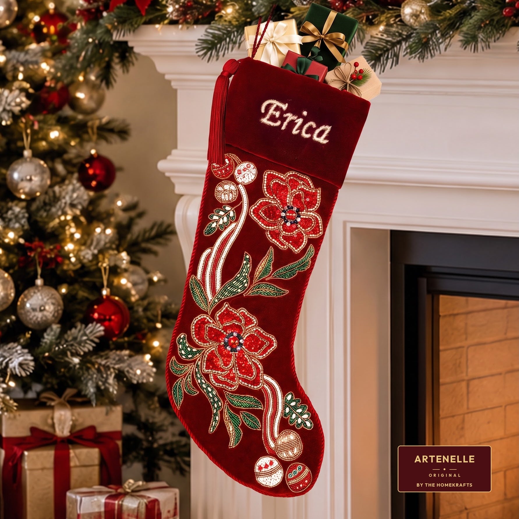 Personalized Poinsettia Red Velvet Christmas Stocking