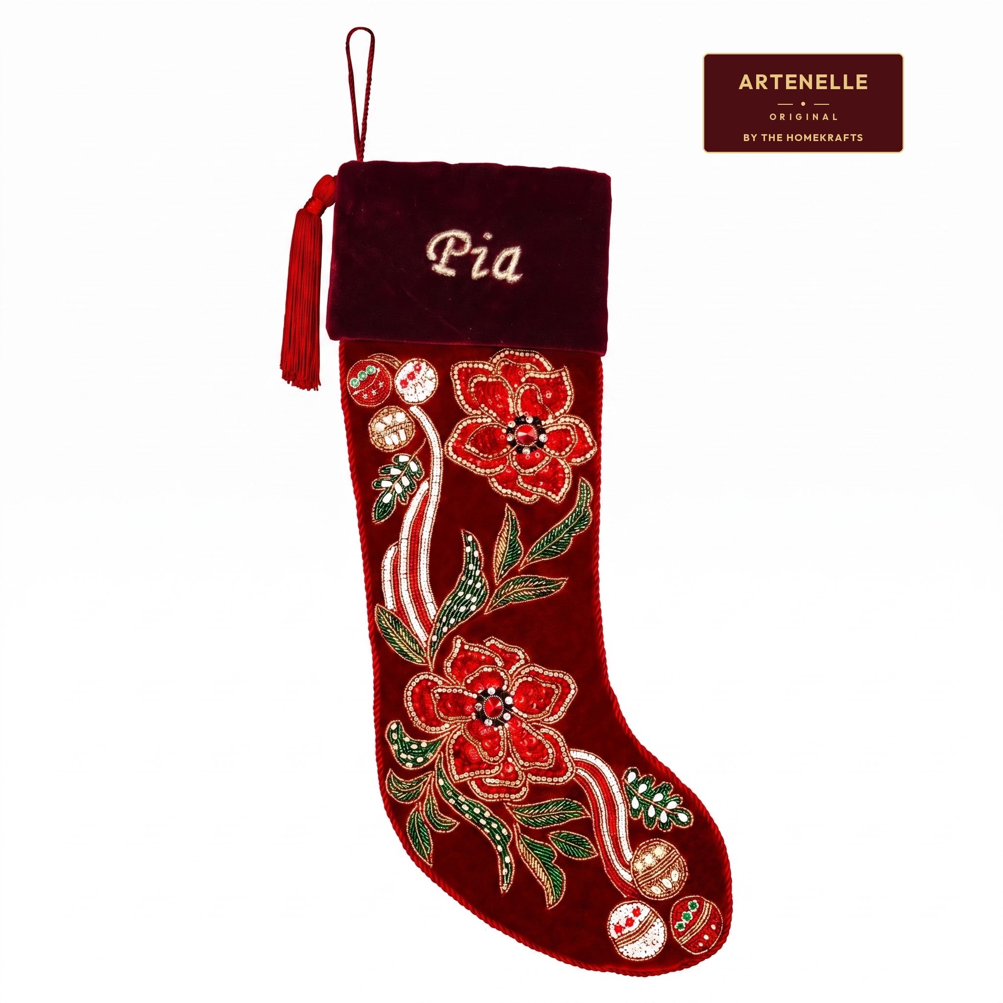 Personalized Poinsettia Red Velvet Christmas Stocking