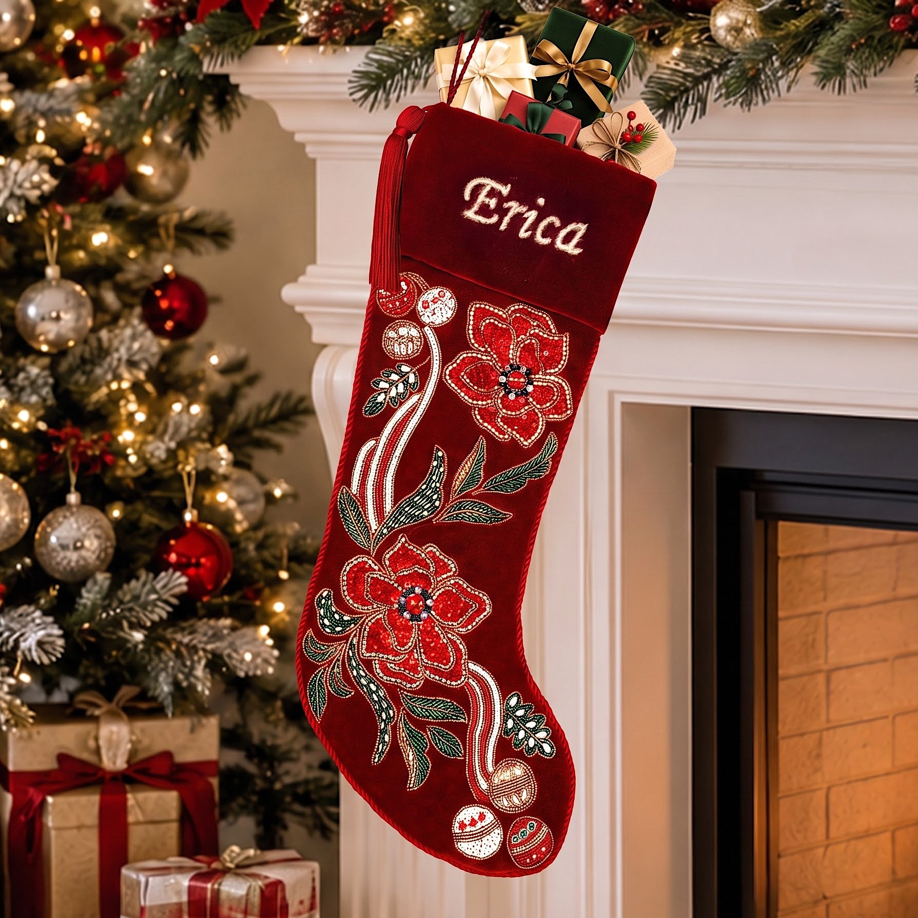 Personalized Poinsettia Red Velvet Christmas Stocking