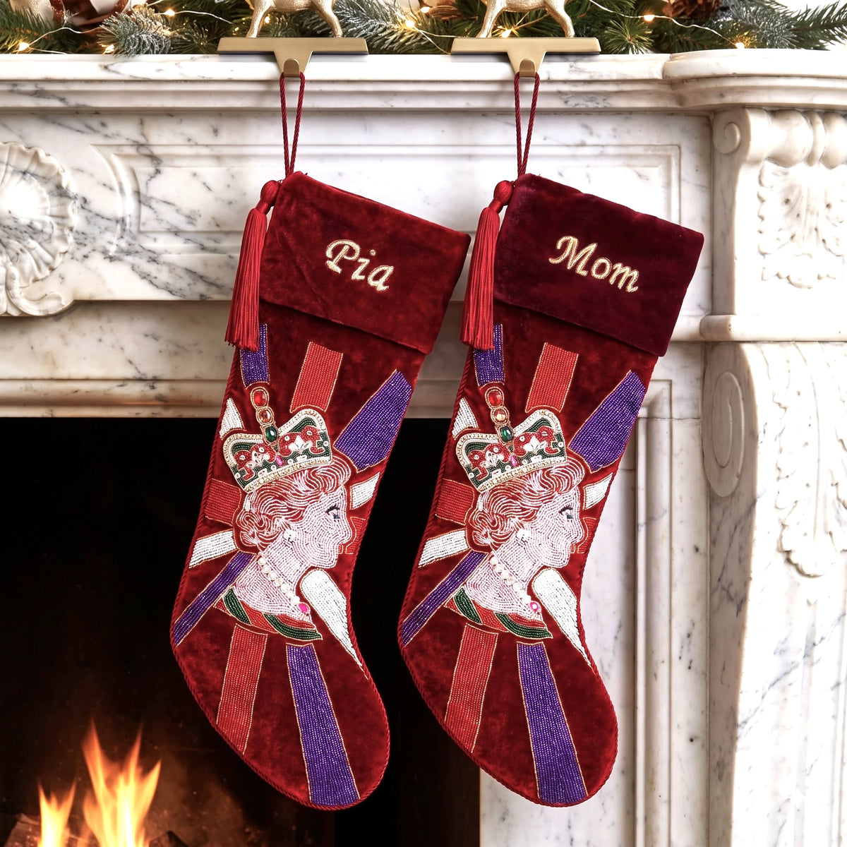 Personalized Royal Queen beaded Red Velvet Christmas Stocking