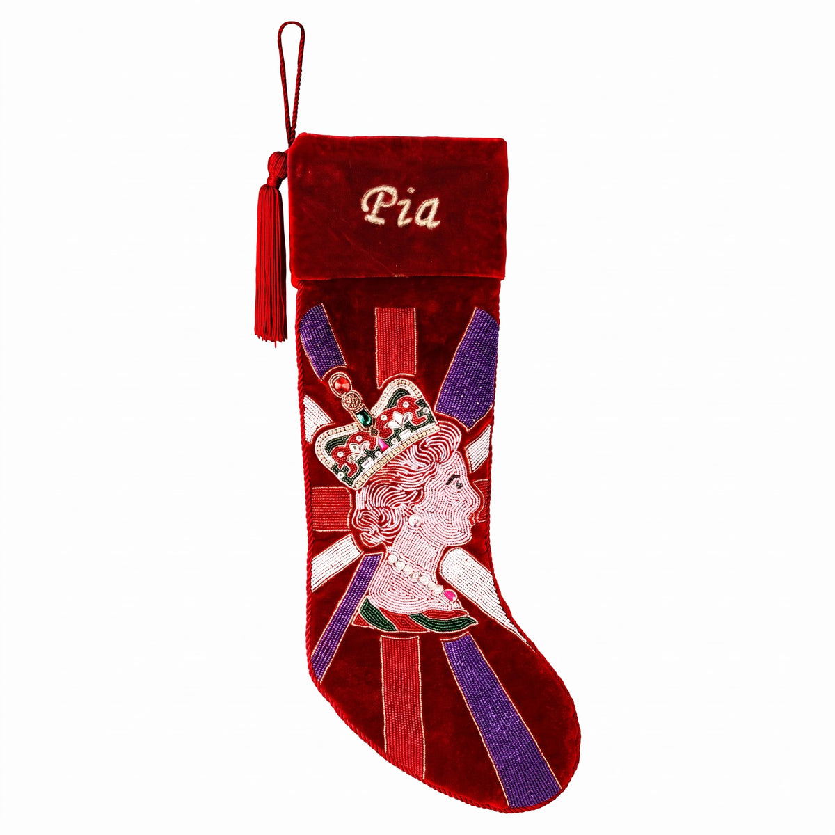 Personalized Royal Queen beaded Red Velvet Christmas Stocking