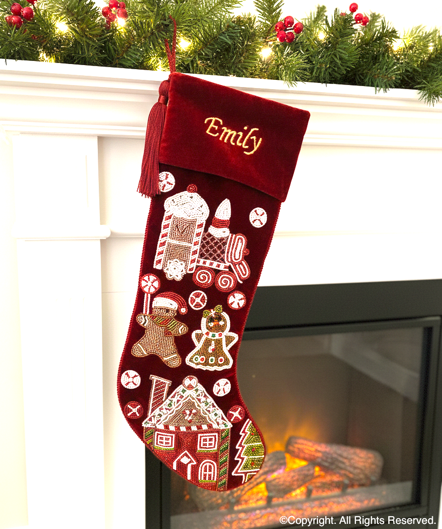 PERSONALISED GINGERBREAD DARK RED VELVET CHRISTMAS STOCKING