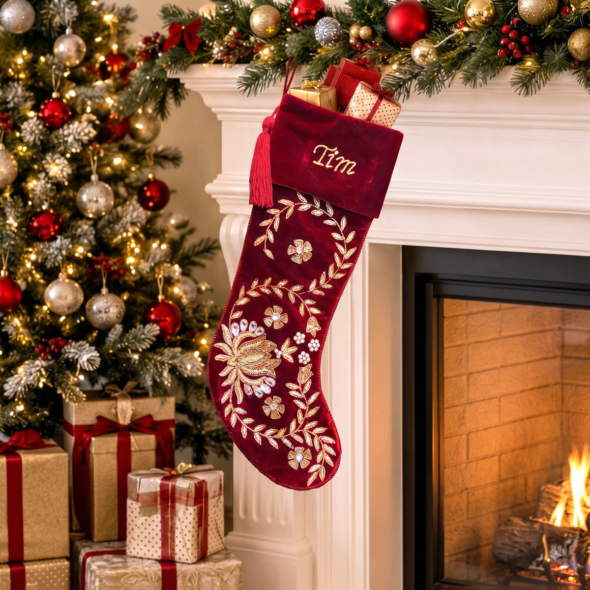 PERSONALISED BEADED LOTUS RED VELVET CHRISTMAS STOCKING