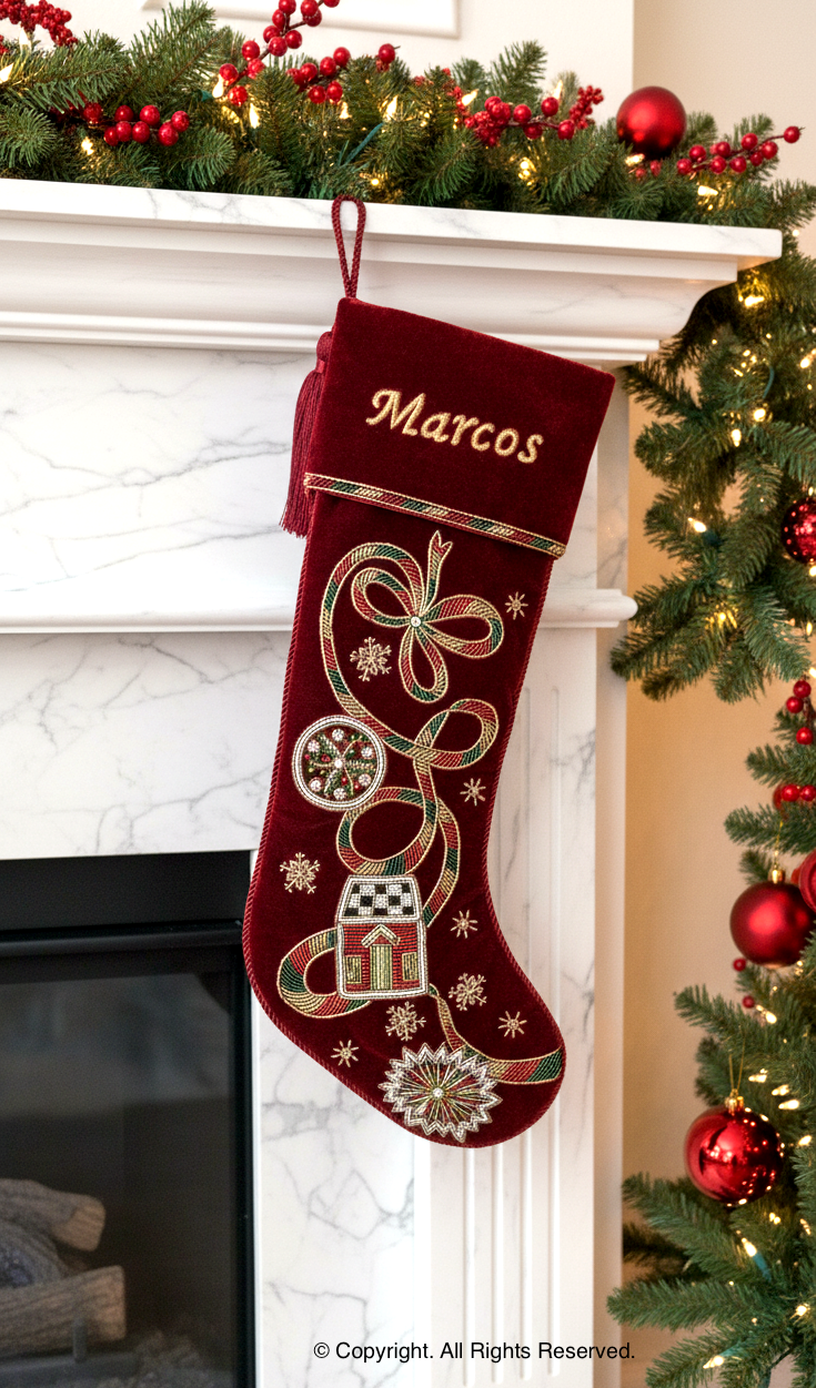 PERSONALISED HOLIDAY RIBBON RED VELVET CHRISTMAS STOCKING