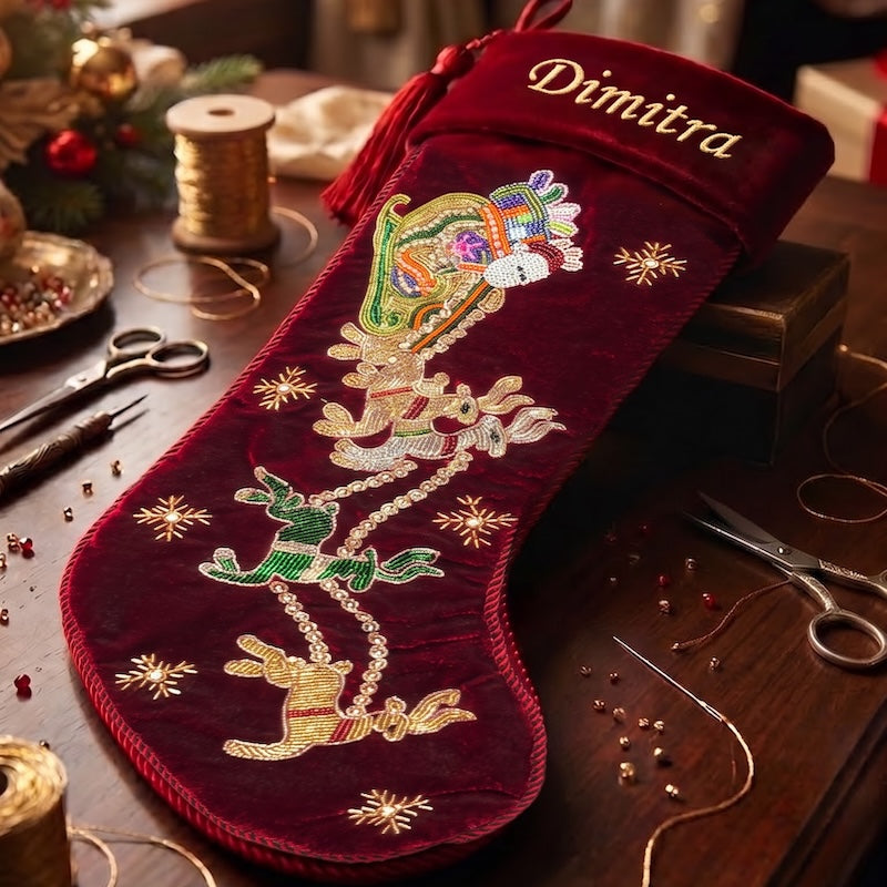 PERSONALISED SANTA CARRIAGE RED VELVET CHRISTMAS STOCKING