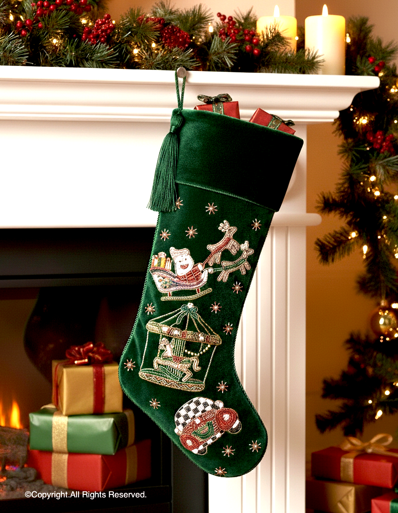 PERSONALISED SANTA HOLIDAY RIDE GREEN VELVET CHRISTMAS STOCKING