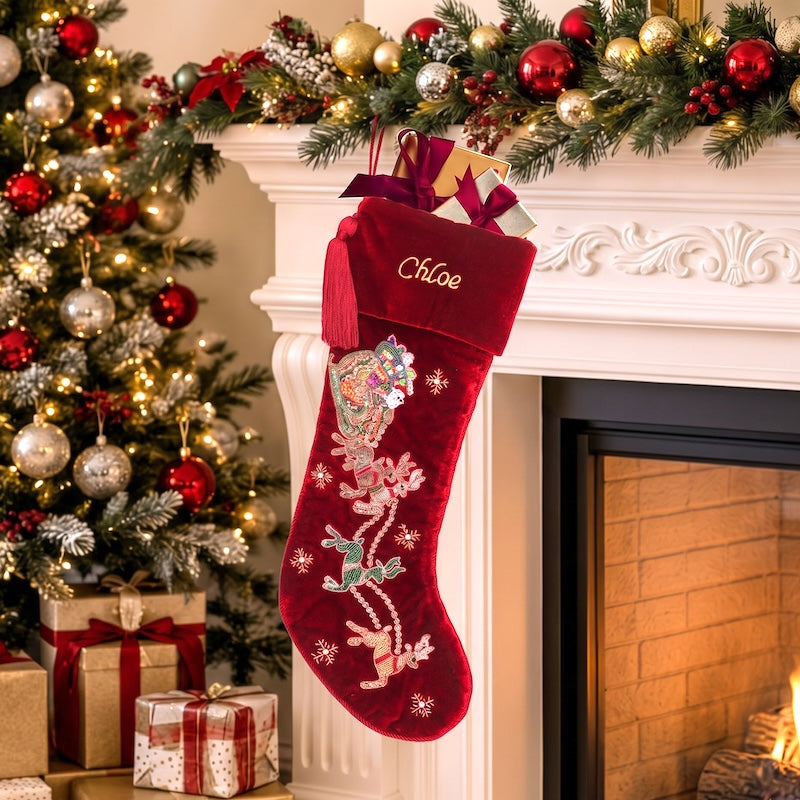 PERSONALISED SANTA CARRIAGE RED VELVET CHRISTMAS STOCKING