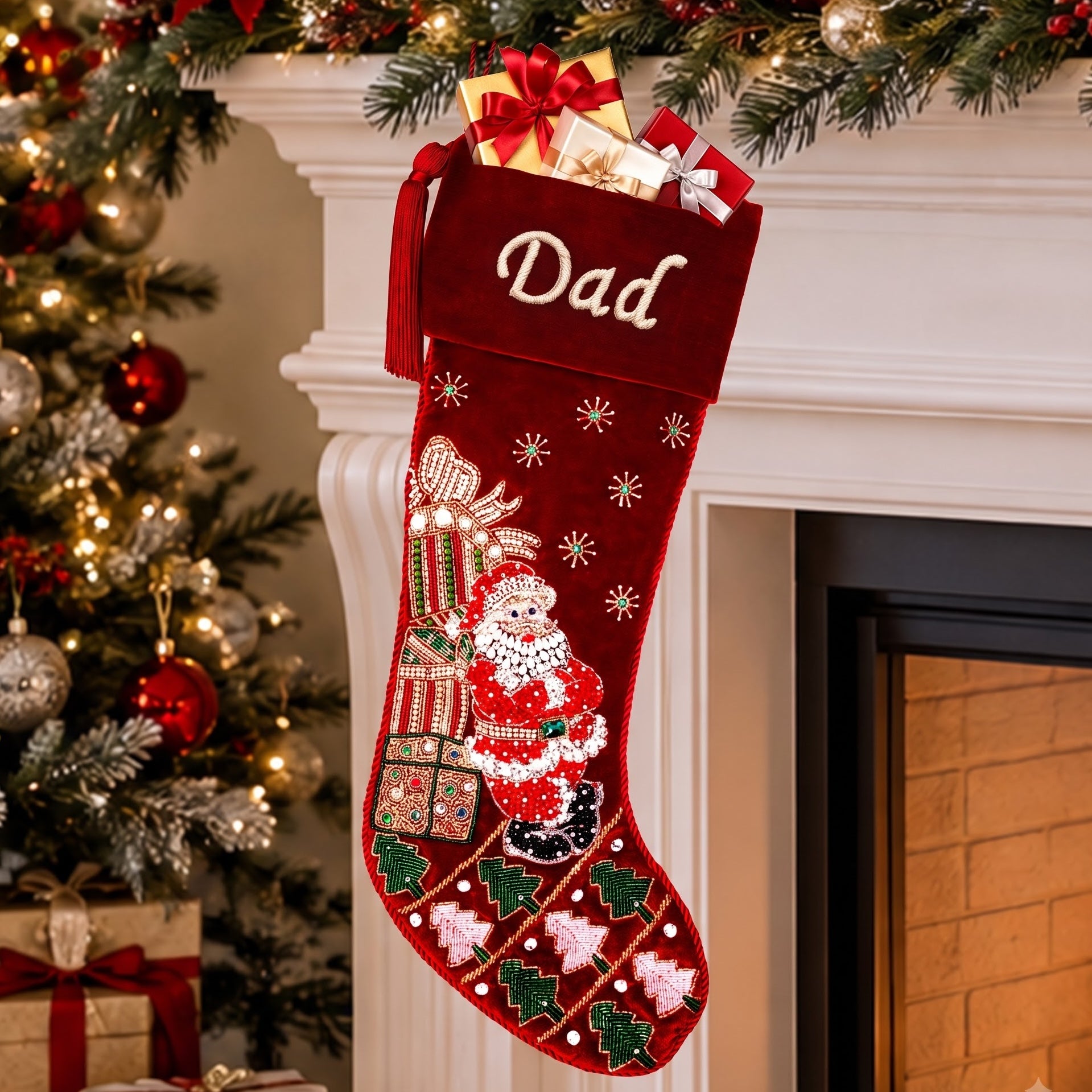 Personalized Santa towering gifts RED VELVET CHRISTMAS STOCKING