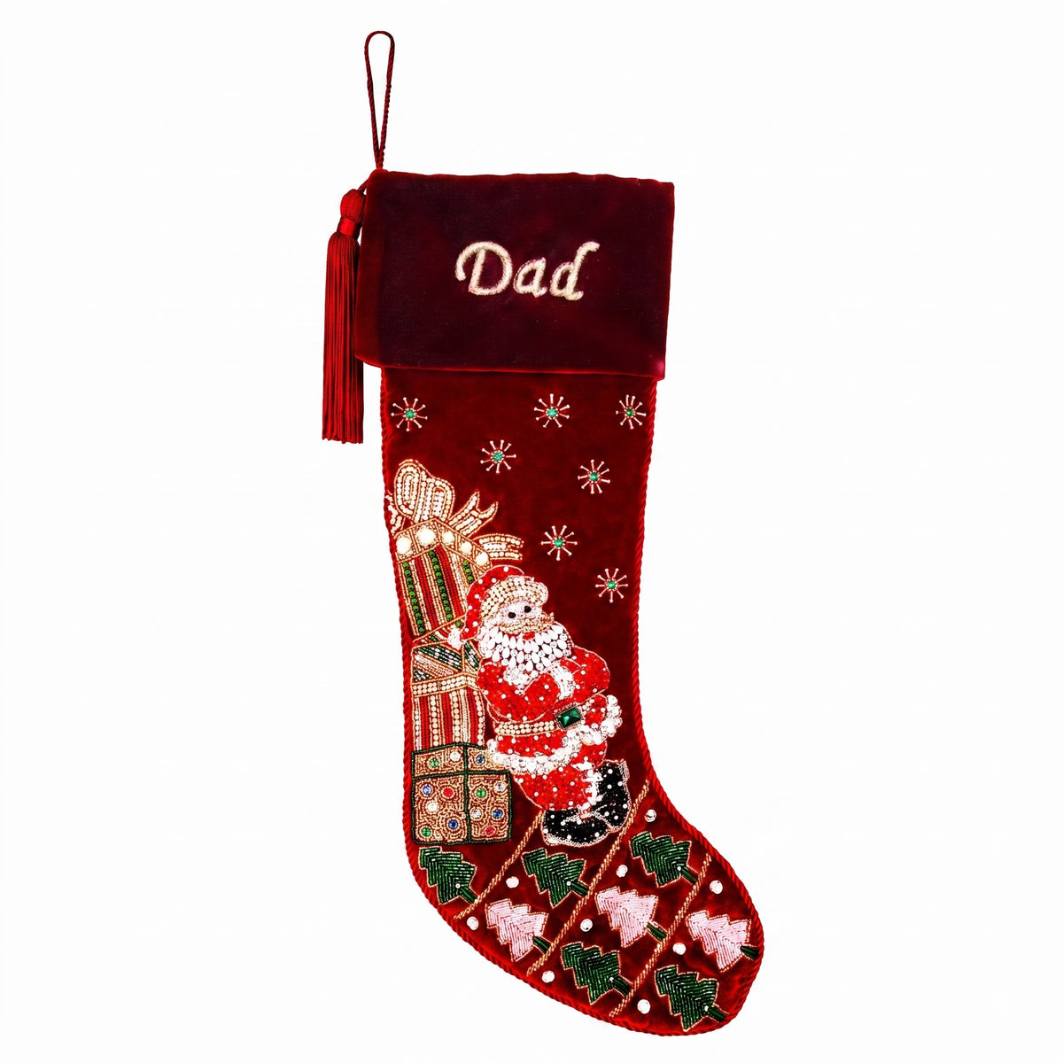 Personalized Santa towering gifts RED VELVET CHRISTMAS STOCKING