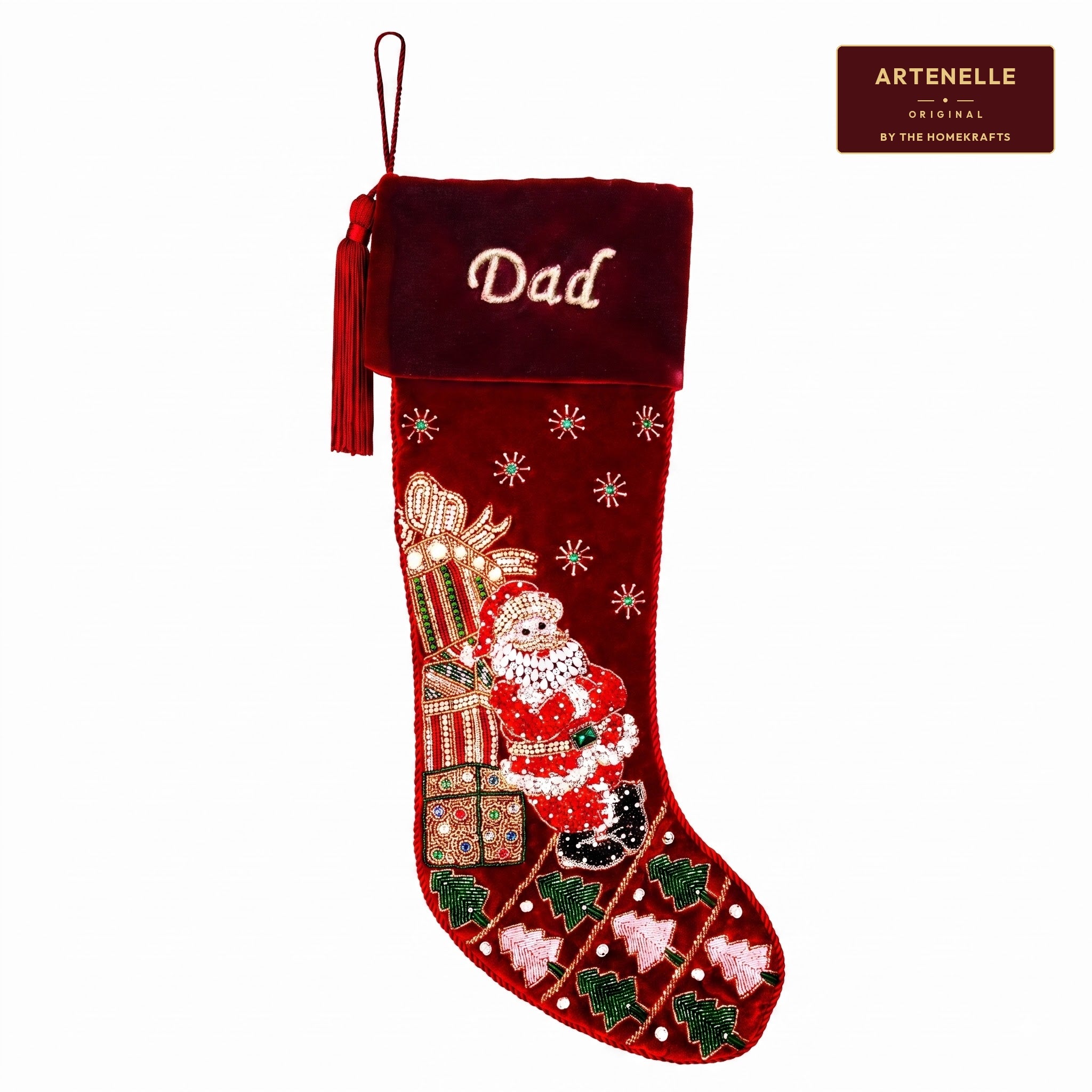 Personalized Santa towering gifts RED VELVET CHRISTMAS STOCKING