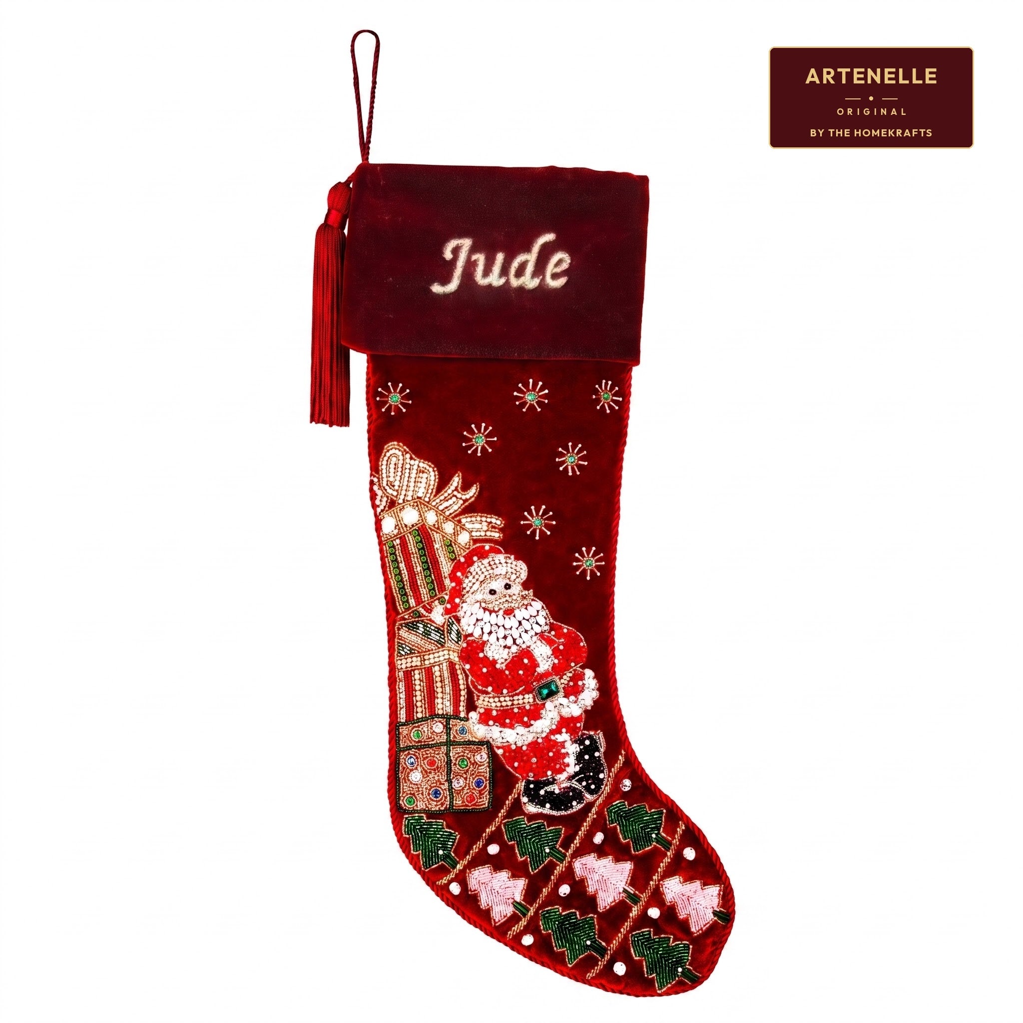 Personalized Santa towering gifts RED VELVET CHRISTMAS STOCKING