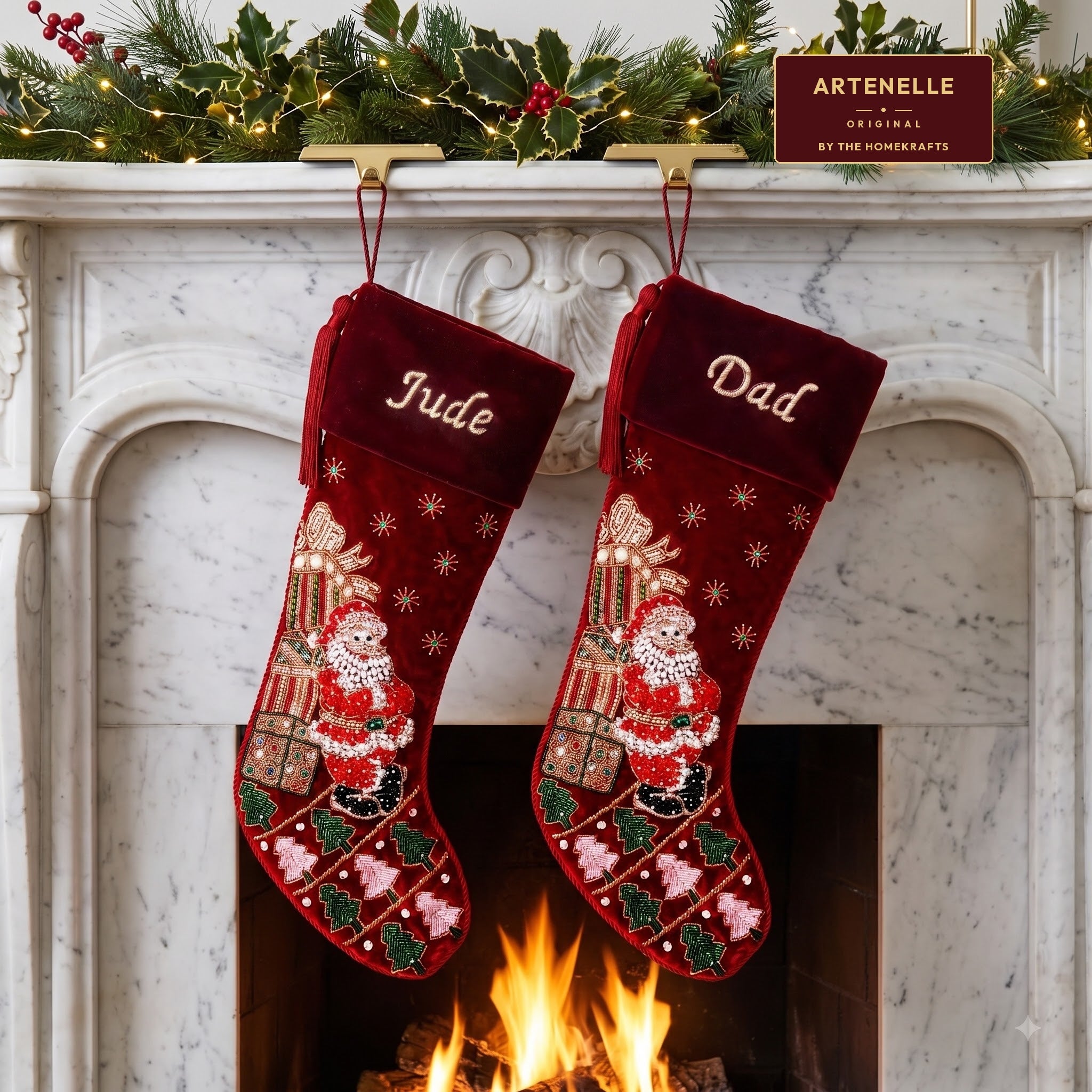 Personalized Santa towering gifts RED VELVET CHRISTMAS STOCKING