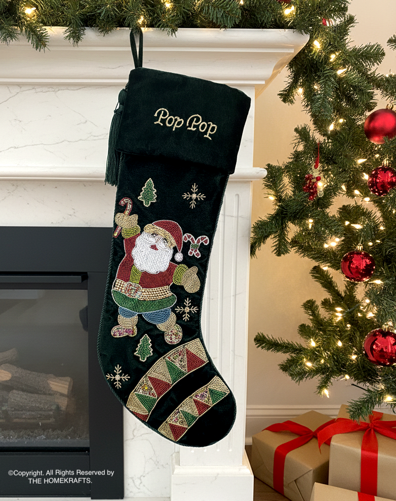 PERSONALISED SANTA DANCE PARTY GREEN VELVET CHRISTMAS STOCKING