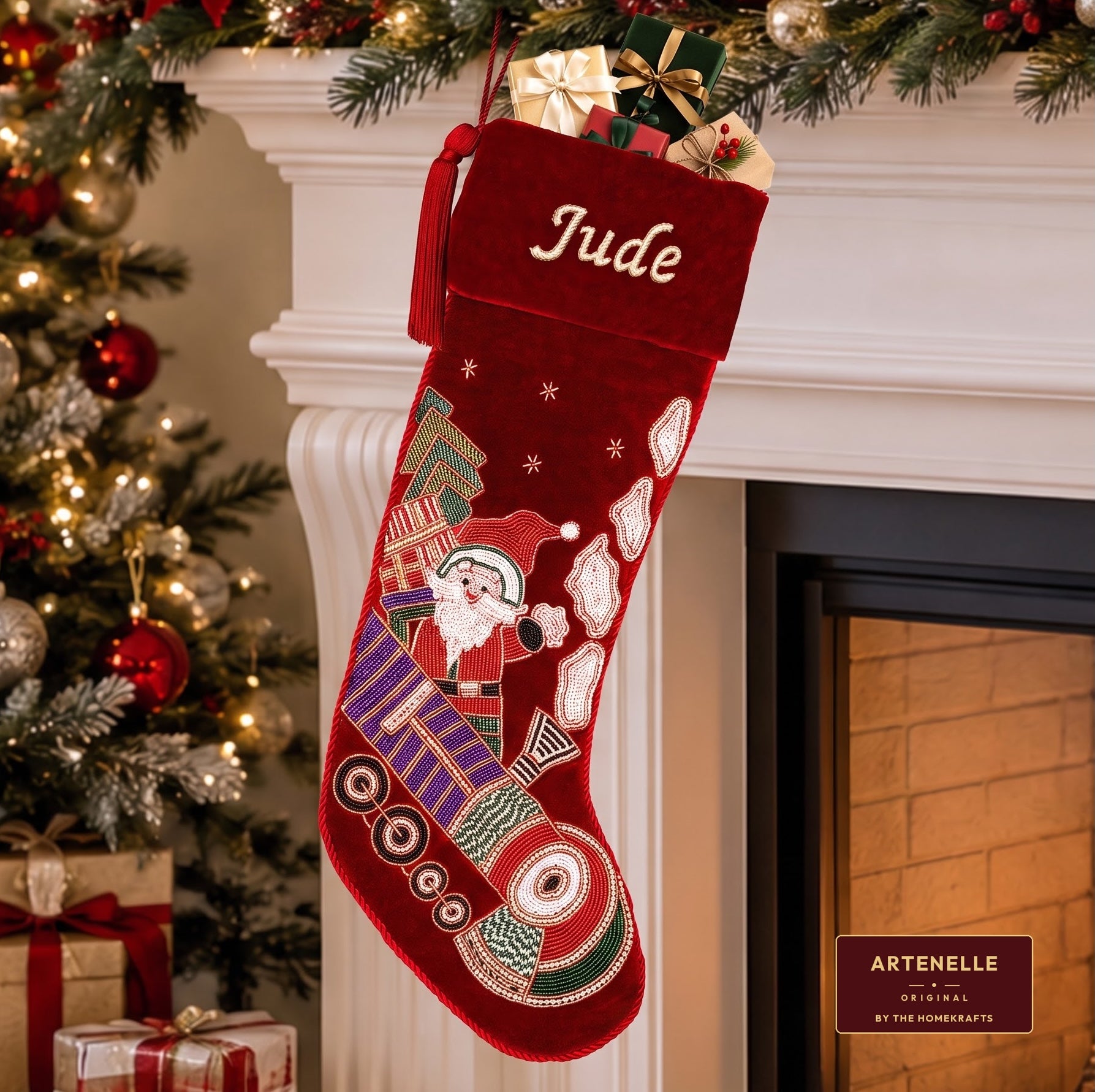 Personalized Beaded Santa on Train Red Velvet Christmas Stocking
