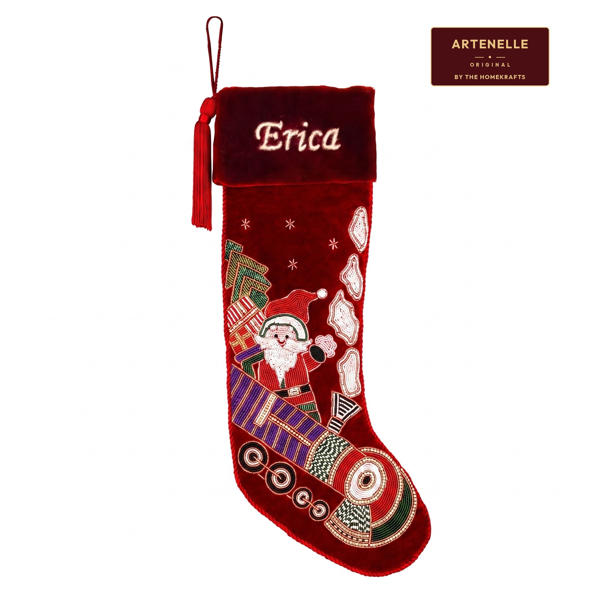 Personalized Beaded Santa on Train Red Velvet Christmas Stocking