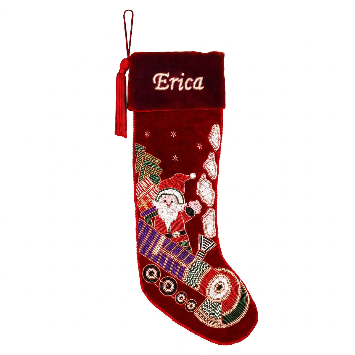 Personalized Beaded Santa on Train Red Velvet Christmas Stocking