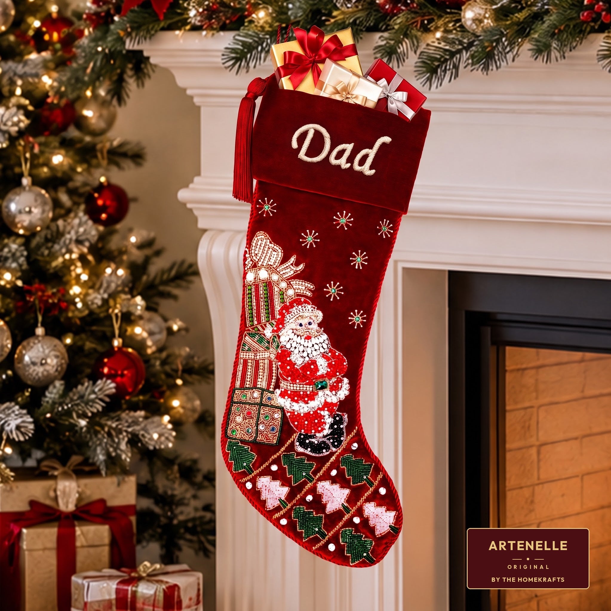 Personalized Santa towering gifts RED VELVET CHRISTMAS STOCKING