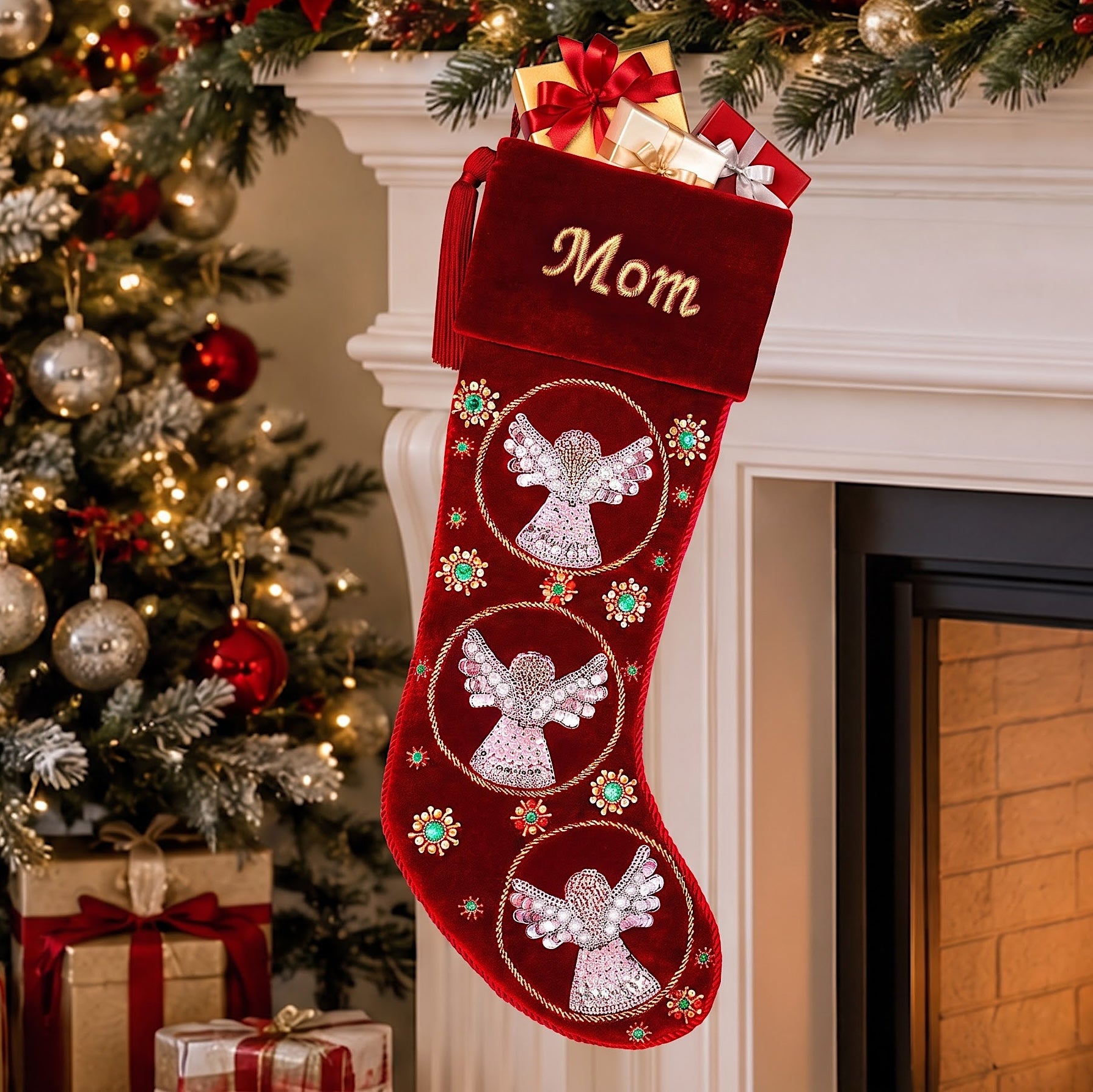 Beaded Snow Angels Red Velvet Personalized Christmas stocking