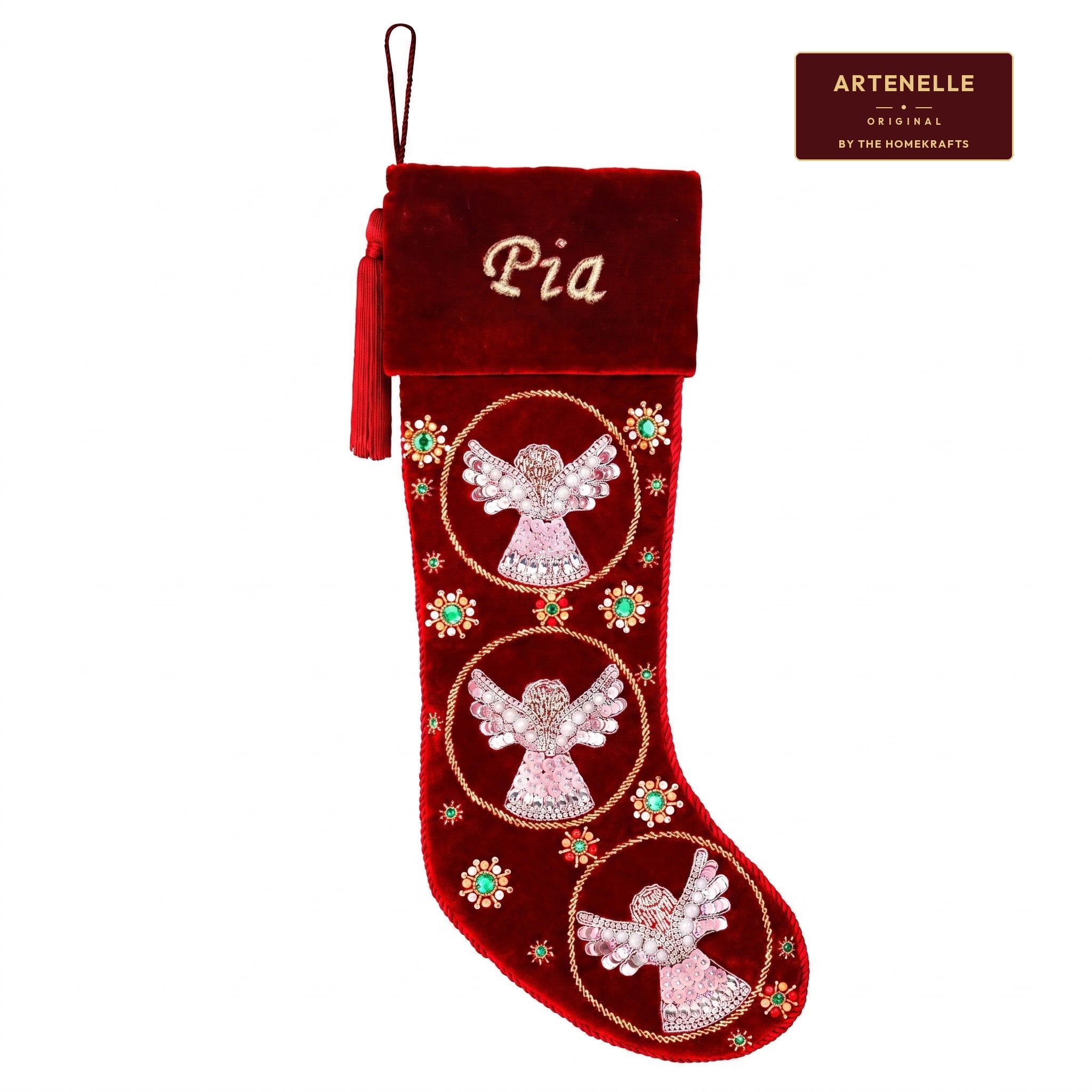 Beaded Snow Angels Red Velvet Personalized Christmas stocking