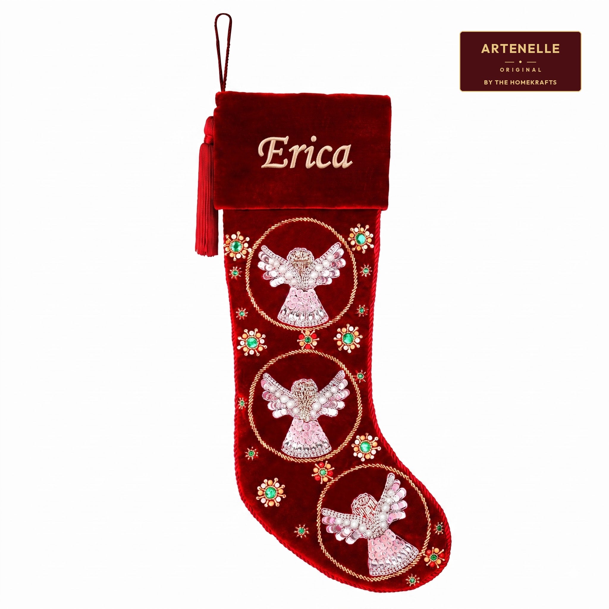 Beaded Snow Angels Red Velvet Personalized Christmas stocking