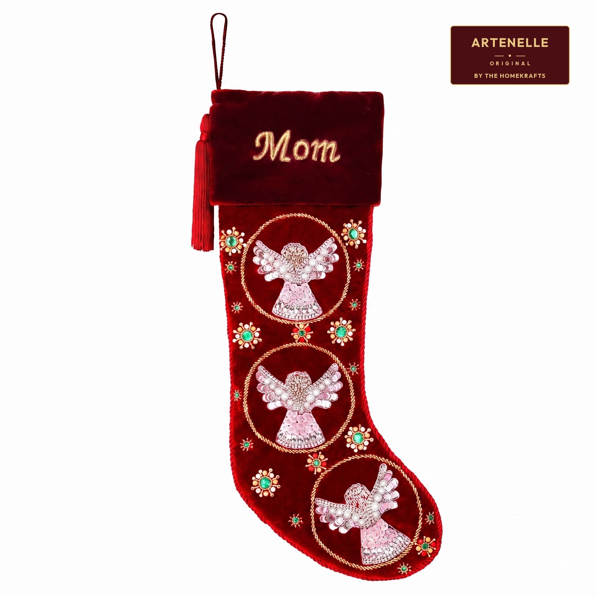 Beaded Snow Angels Red Velvet Personalized Christmas stocking