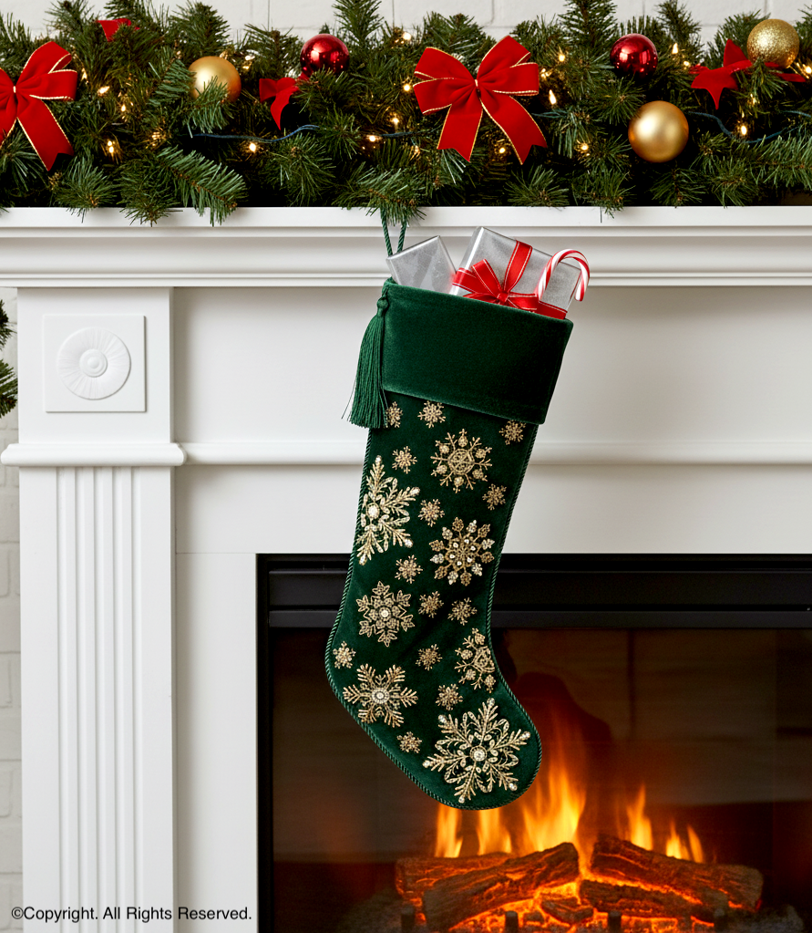 PERSONALISED STARRY SNOWFLAKE GREEN VELVET CHRISTMAS STOCKING