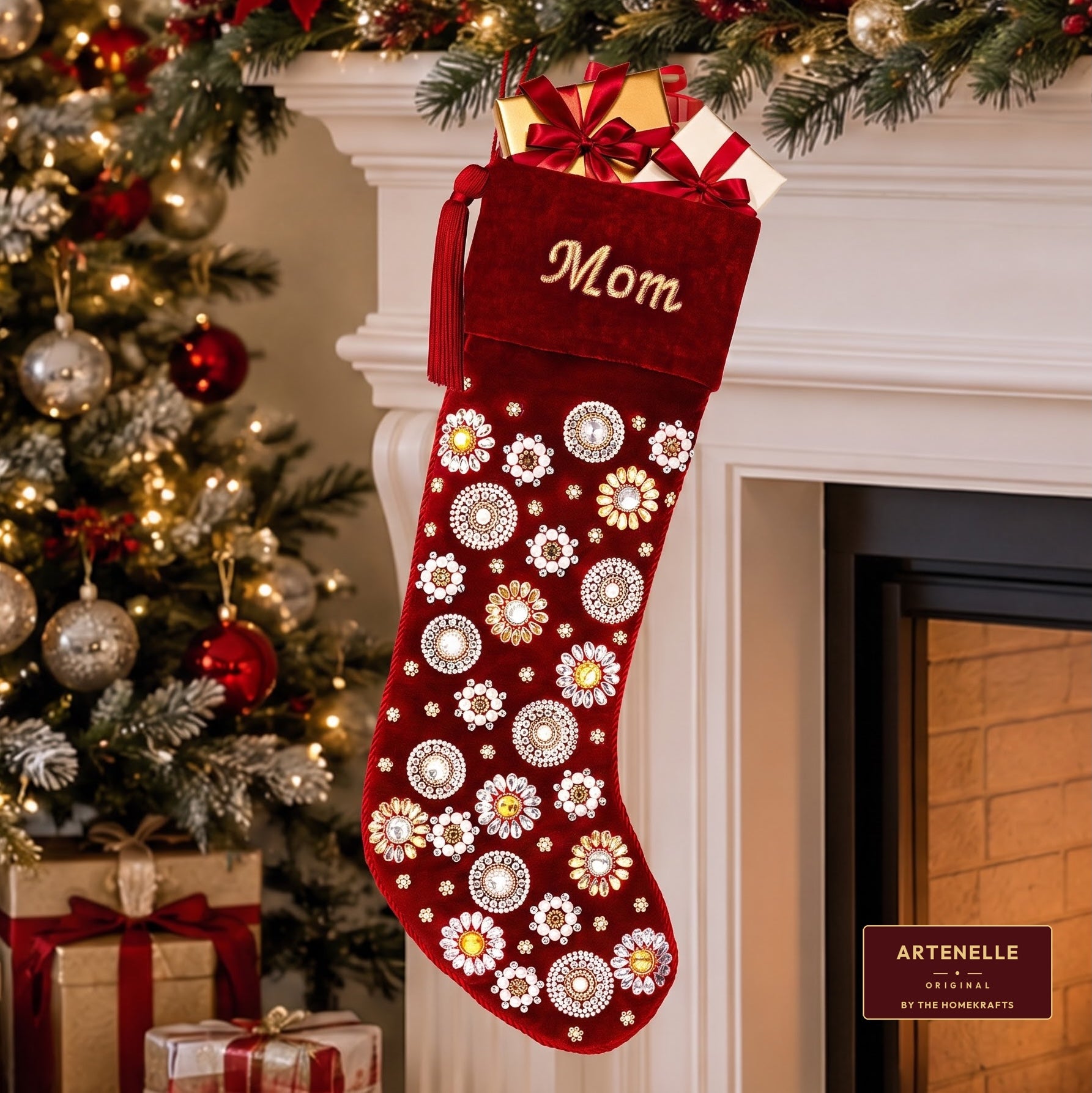 Beaded Jeweled Personalized Red Velvet Christmas Stocking
