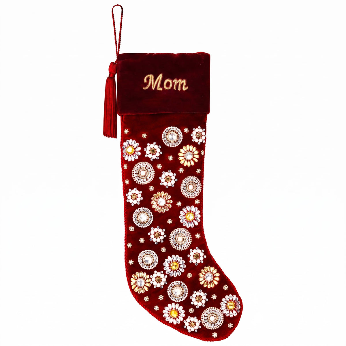 Beaded Jeweled Personalized Red Velvet Christmas Stocking
