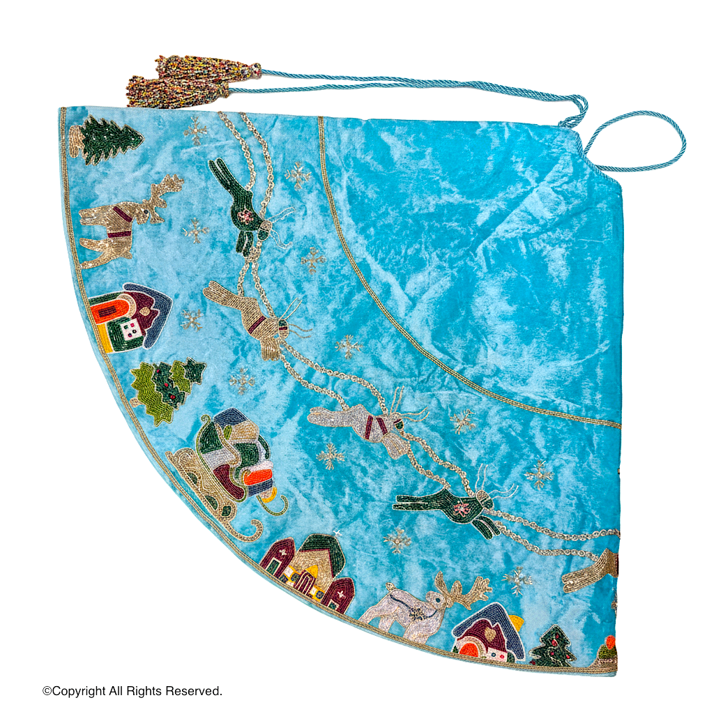 Reindeer Over the City Blue Velvet Christmas Tree Skirt