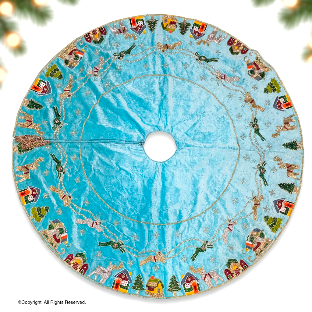 Reindeer Over the City Blue Velvet Christmas Tree Skirt