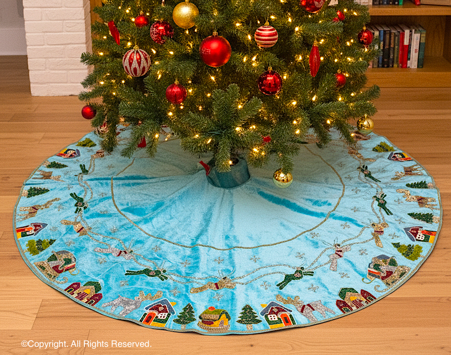 Reindeer Over the City Blue Velvet Christmas Tree Skirt