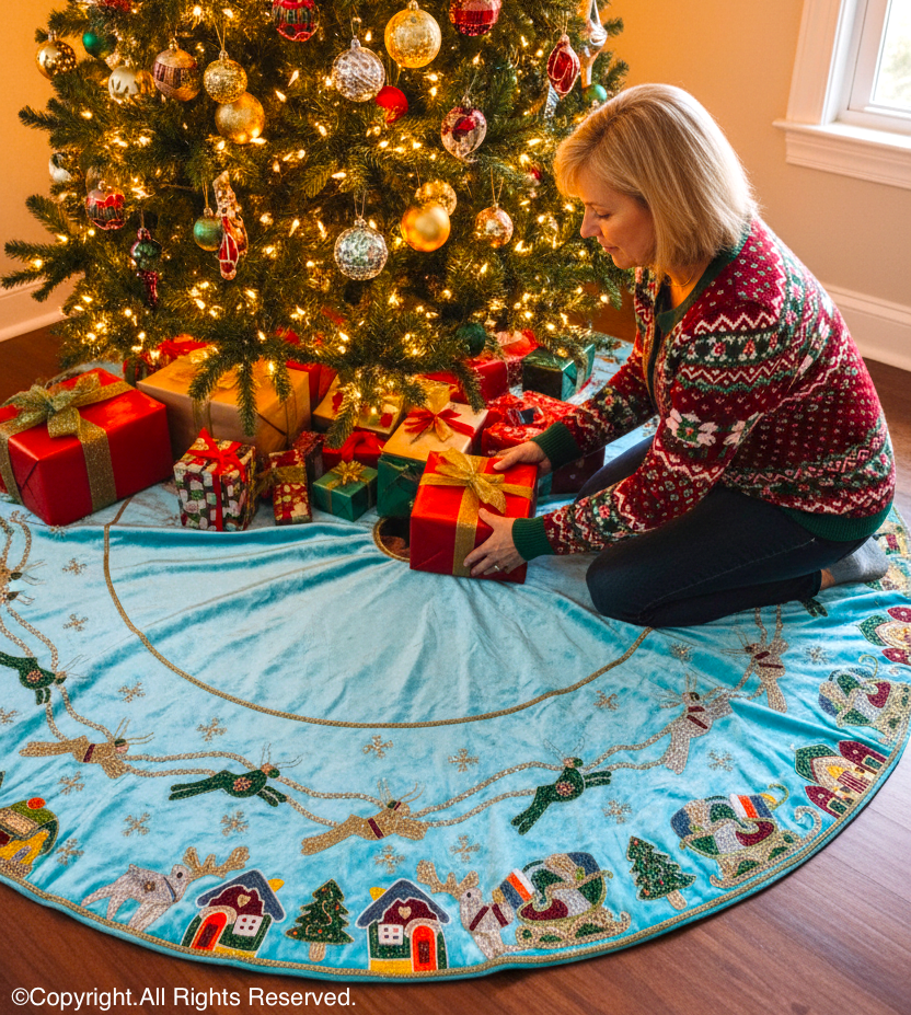 Reindeer Over the City Blue Velvet Christmas Tree Skirt